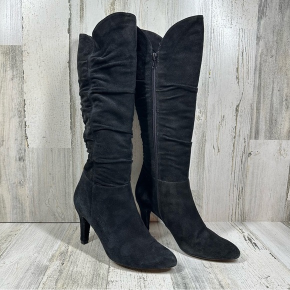 Boutique Black Suede High Heel Knee-High Boots with Ruched Detailing #901 - Picture 7 of 13